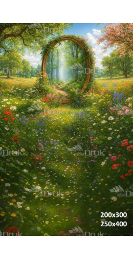 Tło fotograficzne magiczna łąka z okrągłym portalem do lasu | E561